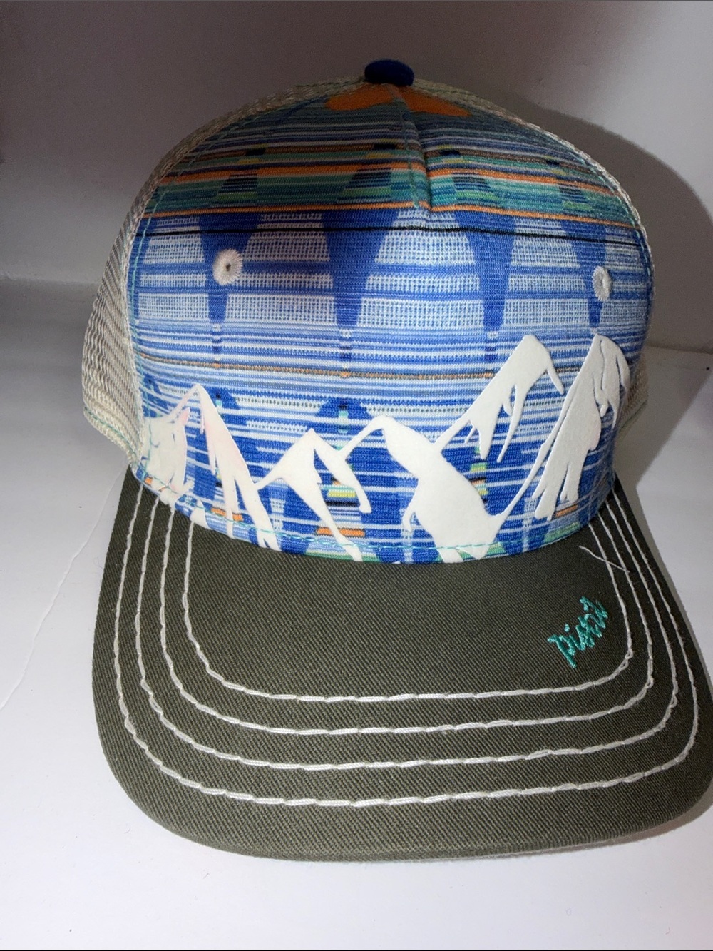 Pistil Mountain Scenic Olive Green and Blue Trucker Hat